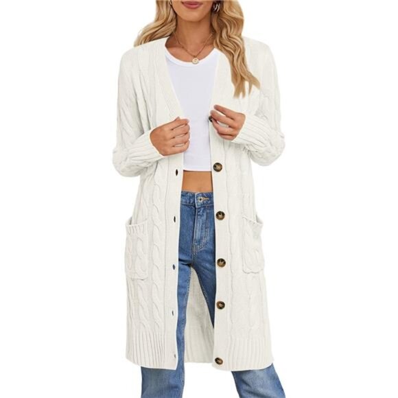 Sweaters - Long Sleeve Cable Knit Long Cardigan Open Front Button Sweater Outerwear